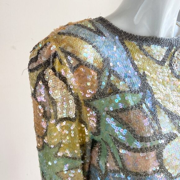 Vintage Oleg Cassini Black Tie PAstel Colours Fully Beaded Sequin Top S - Picture 10 of 10
